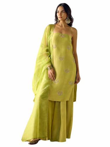 Image of FIORRA Women Lime Green Tissue Blend Hand Embellished Kurta Set with Dupatta