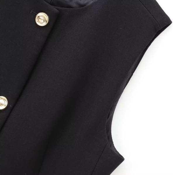 Women's Black Belted Waistcoat, Sleeveless Button Down Office Vest, Casual Slim Fit Outerwear With Belt