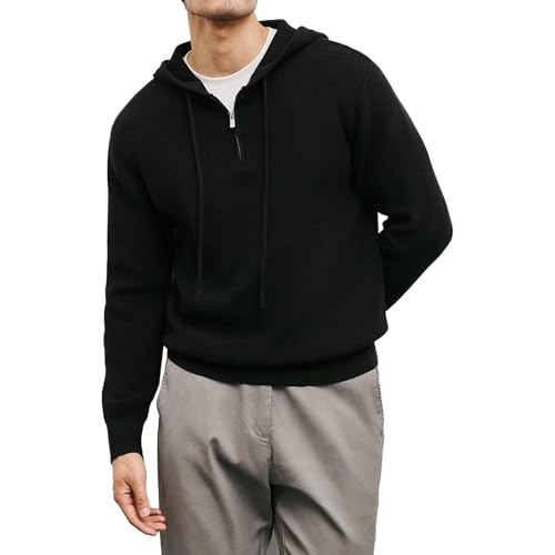 Image of Mens Quarter Zip Knitted Hoodie Y2k Long Sleeve Pullover Sweater Black