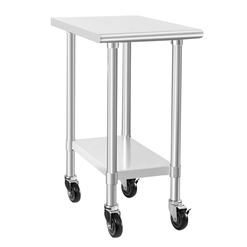 Image of HARDURA Stainless Steel Commercial Table Prep & Work Table with Casters Heavy Duty Metal Table with Wheels NSF 430 30x18 Inches