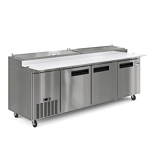 Image of KoolMore 92 in. Commercial Pizza Prep Table with Cutting Board, Food Protection Lid, Refrigerated Cold Storage, Rolling Casters, Three-Door in Stainless Steel, ETL Listed, (KM-RPPS-3DSS)