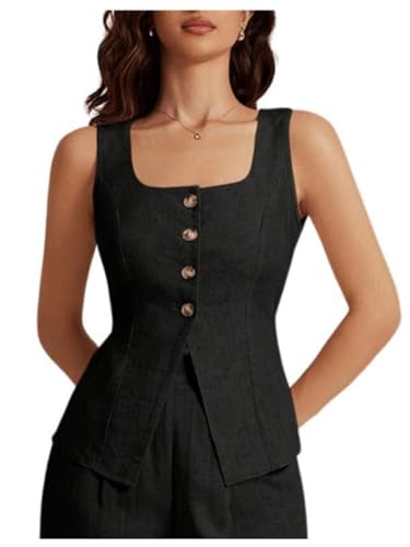 SHENHE Women's Linen Square Neck Button Up Tank Top Dressy Summer Vest Sleeveless Top