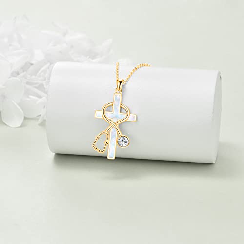 WINNICACA Sterling Silver Stethoscope Necklace for Women White Coat Ceremony Christmas Gifts Cross Pendant with Created Opal Nursing Theme Jewelry for Nurse Doctor Medical Students RN Nurse4