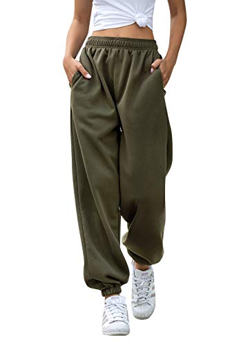 M_Eshop Women's Cinch Bottom Sweatpants Pockets High Waist Sporty Gym Athletic Fit Jogger Pants Lounge Trousers (Green, M)