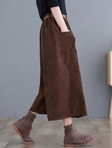 chouyatou Women's High Elastic Waisted Wide Leg Cropped Corduroy Capri Pants Culottes with Belt3