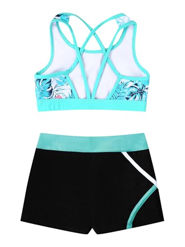 Kids Girls Dance Gymnastic Outfit Sleeveless U Neck Crop Top With Shorts Set Sport Training Dancewear Leaf 14 Years4