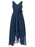 Kinder Mädchen fließendes festes Chiffon-Kleid mit V-Ausschnitt, ärmellos, asymmetrischer Saum, plissiertes Taillenkleid für Party-Performance.