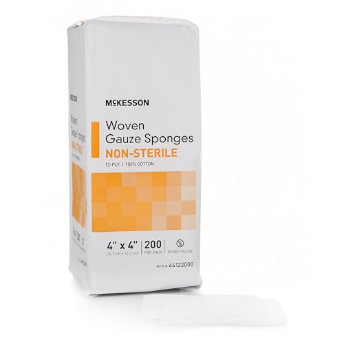 McKesson Non-Sterile Gauze Pads 4x4 Inch (200 Count) - 12-Ply 100% Cotton Non-Sterile Woven Sponges for Wound Care & First Aid - Highly Absorbent & Breathable Medical Supplies