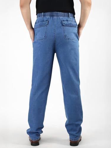 LONGBIDA Mens Elastic Waist Jeans Relaxed Fit Men's Stretch Denim Pants Business Straight Leg Trousers(Light Blue,3XL)3