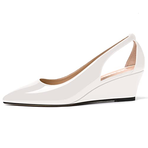 MERRORI Women's Pointed Toe Cut Out Slip On Dress Evening Patent Wedge Low Heel Pumps Shoes 2 Inch2