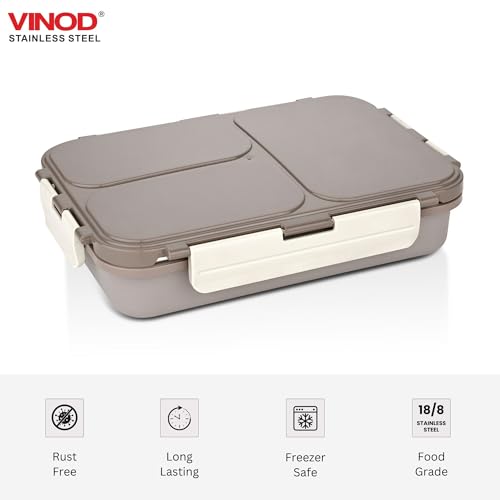 Image of Vinod GO-Tiffin Stainless Steel 3 Compartment Insulated Lunch Box | Grey | Leaf-Proof, Vacuum Sealed & Air Tight | Tiffin Box for Office, Kids & Adults | Freezer Safe | with Safety Lock