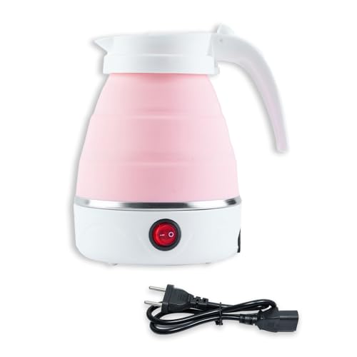Ruikdly Faltbarer Wasserkocher 0.6l Faltbarer Reisewasserkocher Silikon Wasserkocher Camping Faltbar Wasserkessel mit 304 Edelstahlboden 5 Minuten Schnelles Kochen für Outdoor Camping (Blassrosa)