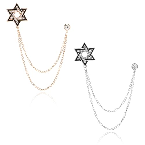 Image of 2PCS Crystal Hanging Chain Brooch Suit Pin for Men Women Vintage Crown Cross Star Diamond Broochs Gold and Silver Wedding Brooch for Clothes Dress Hats Bags Accessory