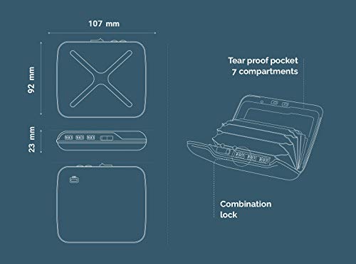 Aluminum code wallet, lockable with a 3 digit code, RFID protection against fraud and demagnetization, secured card holder