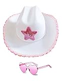 db11 Cowboy Hat Cowgirl Hat with Sequins Rodeo Party Hats with Heart Glasses (White, Pink)