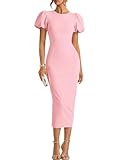 ZESICA Women's Summer Short Sleeve Bodycon Midi Dress 2026 Spring Elegant Formal Wedding Guest Cocktail Party Dresses Pink Small