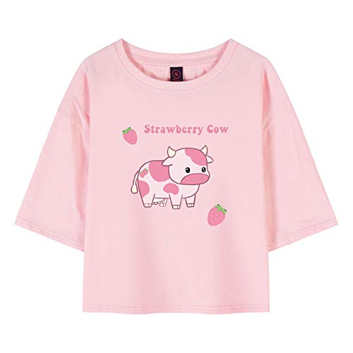 Image of KEEVICI Girls' Cute Strawberry Cow Print T Shirts Short Sleeve Crop Cotton Tops