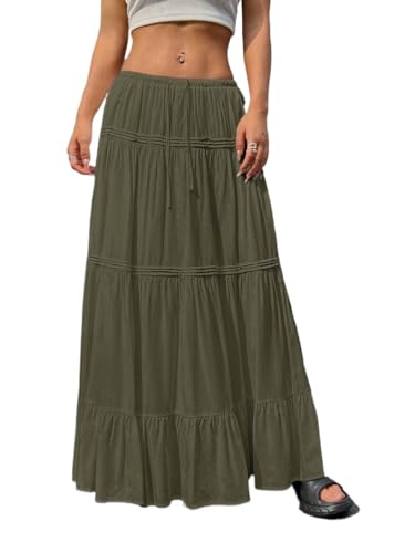Women's Summer Solid Color Tie-Waist Ruffle Hem Long Casual Skirt Going Out Outfits