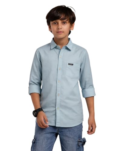 Image of Red Nine Rocket Science Boys' Solid Satin-Finish Poly Cotton Shirt | Single Pocket, Spread Collar, Long Sleeve, Casual