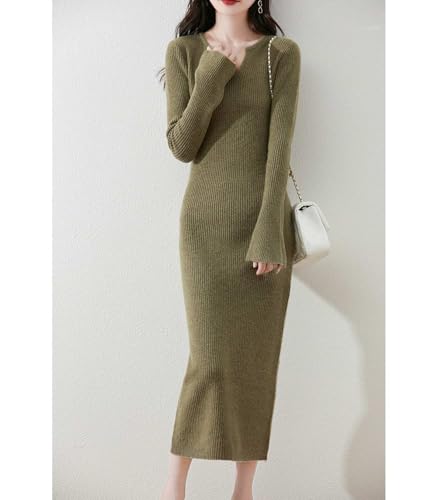 100% Merino Wool Sweater Dress Women's Long Sleeve Knitted V Neck Pullover Fall Winter Slim Long Tops2