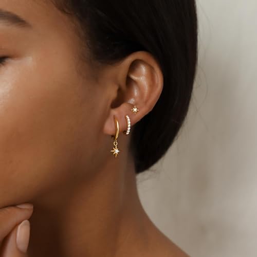 Image of Gold Earrings for Women, 14k Gold Plated Dangle Huggie Earrings for Women Trendy Dainty Gold Hoop Earring Stacks Hypoallergenic Pearl Chain Drop Cartilage Earring Fashion Womens Jewelry