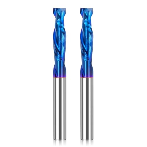 2 fresas en espiral, fresa de compresión up-down, diámetro de corte de 1/4 pulgadas con nanorrecubrimiento azul, vástago de 1/4 pulgadas, fresadora de vástago CNC de metal duro completo para tallado