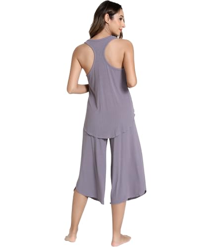 Image of NACHILA Bamboo Viscose Pajamas for Women Racerback Tank Capri Set | High Side Slits Design, Unrestricted Movement, Cooling Feel, Relaxed Loose Fit, for Hot Sleepers