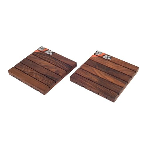 Image of AAKRITI ART CREATIONS Breezey Blossom Coaster | Wooden Coaster Set of 2 | Decorative Coaster Matte Finish | Floral Art Wooden Handcrafted Coasters | Brown Wooden Coaster Set, Hand Painted
