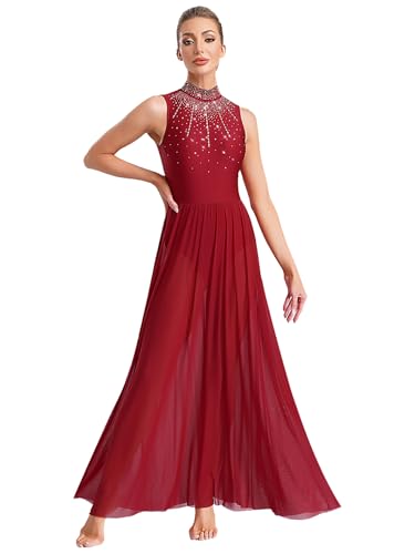 Fldy Damen Lyrischer Tanzkleider Lang Glitzer Ballettkleid Ärmelloses Trikot Swing Maxirock Contemporary Zeitgenössisches Tanzkostüm Burgundy L