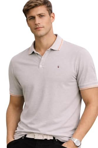 Image of Louis Philippe Men's Slim Fit Single-Tuck Pique Stylized Sleeve Print and Contrast Tipping Half Sleeve Solid Cotton Polo Tshirt