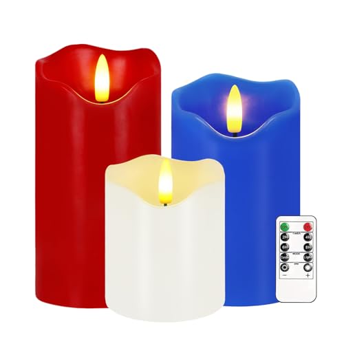 Image of VEEKI 4th of July Flameless Candles, Set of 3 Patriotic LED Candles with Remote & Timer, Flickering Electric Pillar Candles Battery Operated, Red White Blue Candles for Home Independence Day Decor