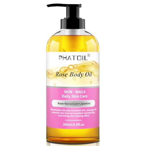 Image of PHATOIL Rose Body Oil with Pump, 260 ml (8.8 fl.oz) Premium Quality Massage Oil for All Skin Types, Blends of Natural Plant Oils and Essential Oils, Rose Oil Scented Body Oils for Women and Men