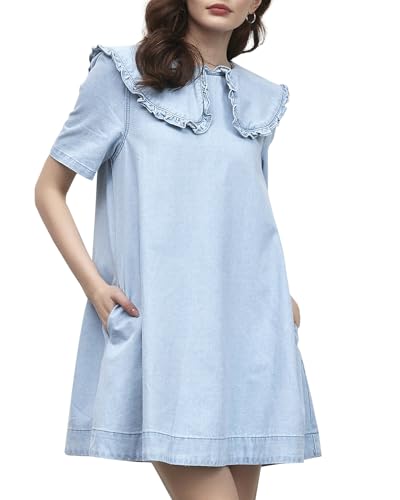 Kedera Womens Denim Mini Dress 2025 Peter Pan Collar Short Sleeve Casual Summer Babydoll Jean Dress with Pockets