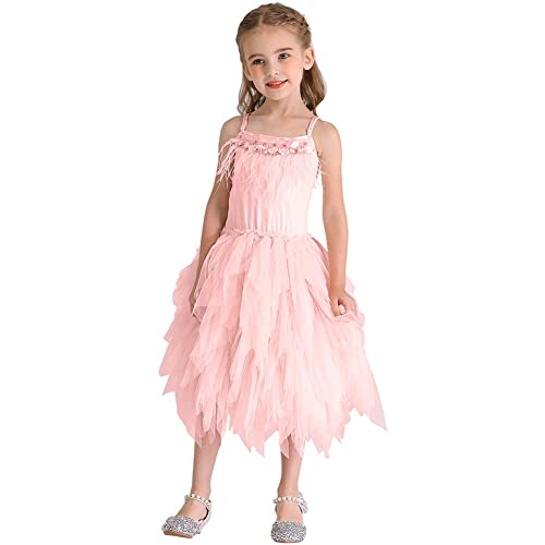 Kids Girls Spaghetti Straps Swan Feather Fringes Tulle Dress Birthday Party Ballerina Dance Short Tiered Tutu Gown