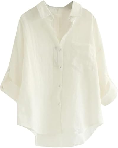 Minibee Women's Linen Blouse High Low Shirt Roll-Up Sleeve Tops