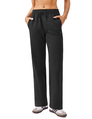 PINSPARK Womens Fleece Lined Joggers Thermal Winter Sweatpants Straight Leg Tracksuit Bottoms with Pockets Drawstring Warm Lounge Pants Baggy Sports Trousers Black