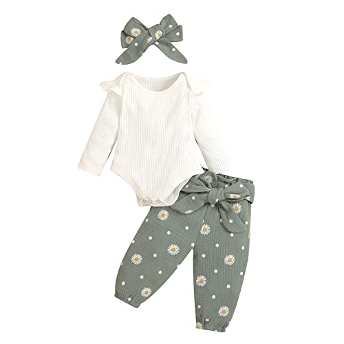 allshope Newborn Baby Girl Fall Outfit Romper Long Sleeve Crewneck Floral Print Jumpsuit Bodysuit Pants Infant Clothes (Daisy Green, 9-12 Months)