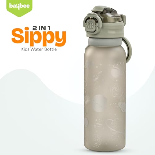Image of BAYBEE 2 in 1 Baby Sipper Bottle for Kids | Anti-Spill BPA Free Baby Water Bottle with Silicone Straw & Carry Handle | 900 ML Drinking Water Bottle for Kids Toddlers 12+ Months Boys Girls (Grey)