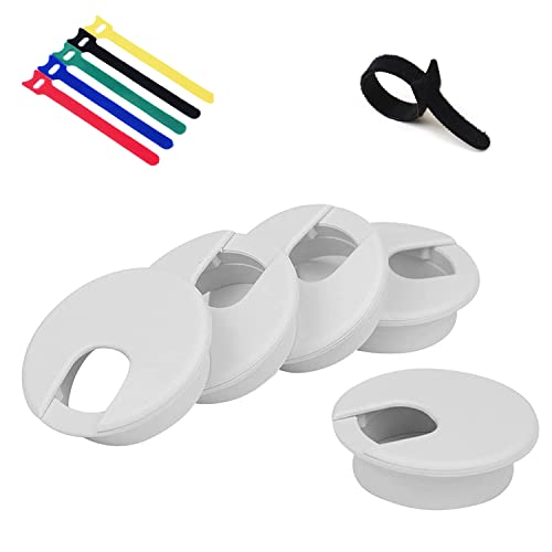 5Pcs Desk Grommet 2 inch with Reusable Cable Ties, ABS Cable Hole Cover, Desktop Cord Management for Wires Organizer, Desk Cord Hole Cover for Home Office TV Stands Tabletops, White