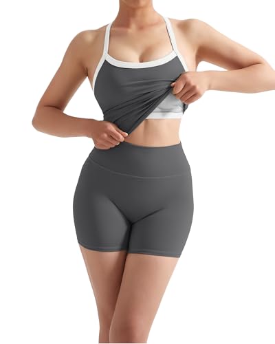Image of SUUKSESS Women 2 Piece Workout Sets High Waisted Tummy Control Biker Shorts Halter Padded Tank Tops