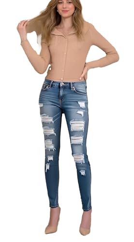 Women's Slimming Ripped Jeans Classic Washed Skinny Leg Denim Pants with Stretch Comfort & Long Length Blue
