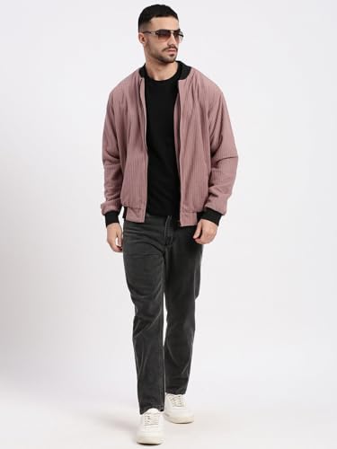 Image of SHOWOFFFF Men Solid Bomber Jacket | Mock Collar Full Sleeves Nylon Jacket for Mens | Slim Fit Regular Length Jacket for Men's