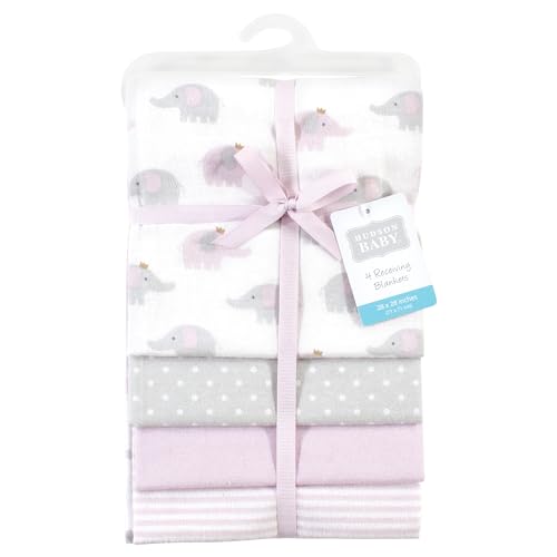 Image of Hudson Baby Unisex Baby Cotton Poly Flannel Receiving Blankets, Lilac Elephants, One Size