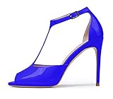 chaussures vernies femme bleu marine  EDEFS Femmes Bride Cheville Sandales, 10CM Bout Ouvert Talons Aiguille Escarpins, Élégante Robe Mariage Chaussures, Verni Bleu-royal Taille EU42