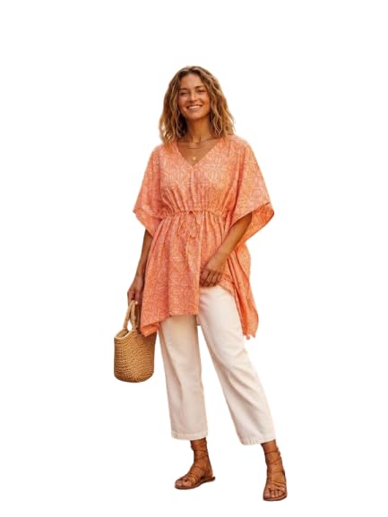 Rasika by Nidhi Women’s Printed Kaftan Top | V-Neck | Adjustable Drawstring Waist | Flared Kimono Sleeves | Relaxed Fit | Casual & Resort Wear Tunic-image-24