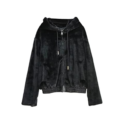 Amazhiyu Womens Fleece Jackets with Hood and Pockets, Open Front Fuzzy Faux Fur Coat, Winter Long Sleeve Zipper Warm Cardigan Black,L Cover