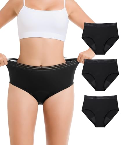 Carer High Waisted Period Underwear for Women, High Absorbency Washable, Reusable Leakproof Protective Menstrual Panties for Active Daily Periods Incontinence,Jet Black,3-Pack,XL