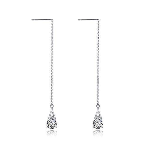 POPLYKE Sterling Silver CZ Threader Earrings Teardrop Chain Tassel Dangling Earrings for Women Dangling Jewelry