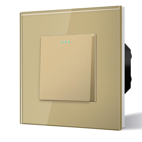 BSEED Interruptor pared Normal,Basculante Con Luz de Orientación,Marco de Cristal,Fácil Instalación,Fáciles de Limpiar,1 Gang 1 Vía,86mm Oro