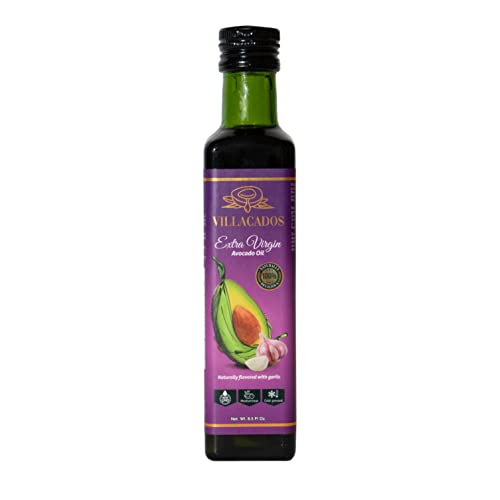 Villacados Extra Virgin Avocado Oil - Garlic, 100% Naturally Cold Pressed, Pure Unrefined, Grilling, Cooking Marinades, and Dressings 8.5oz (Naturally Flavored With Garlic)